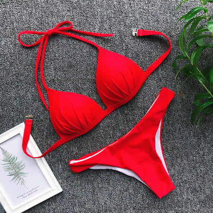 Halter Bra Cup Bikini Swimsuit Female White Swimwear Women Push up Bikini set Brazilian Bathing Suit Bandeau Swim suit