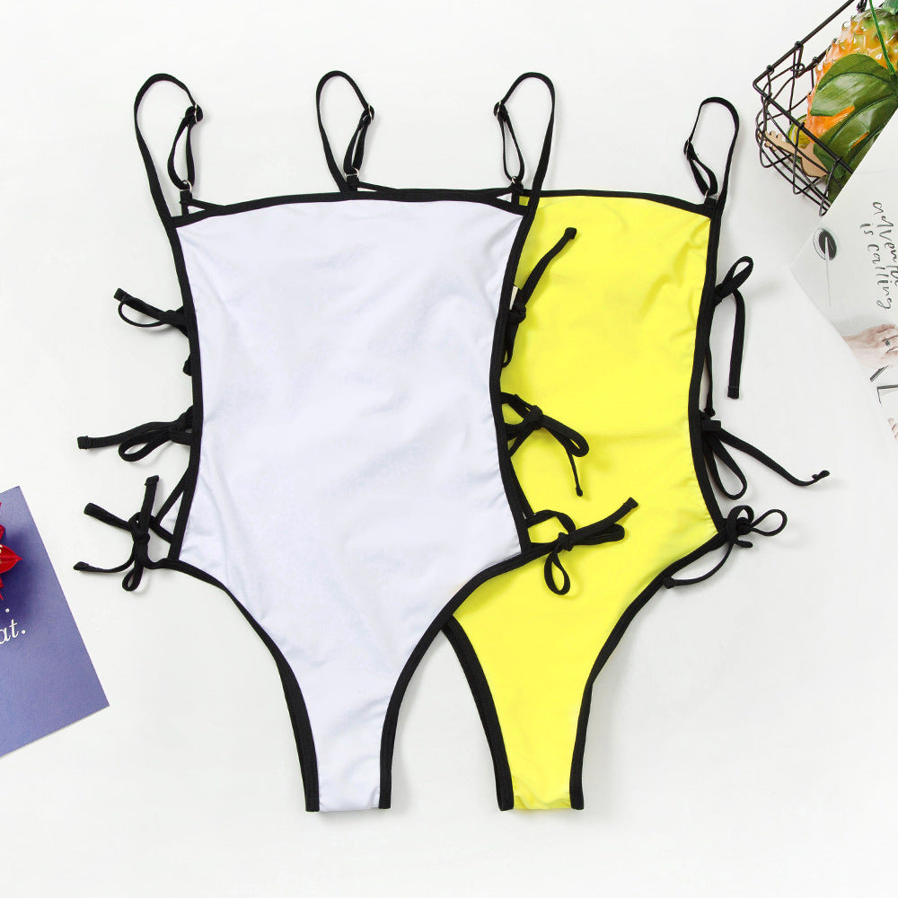 Tie Side High Cut Female Bandeau Swimwear One Piece Swimsuit Women Monokini Bather Bathing Suit Swim Beachwear Bodysuit