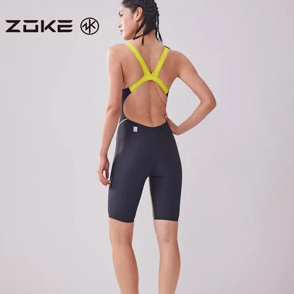 Zoke Competitive Swimsuit Fast skin Raining Professional Racing Knee-Length One-Piece Swimwear For Teens Girls