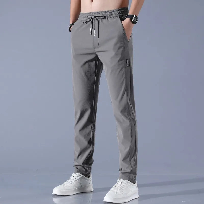 Ice Silk Men's Pants Black Gray Thin Business Casual Pants Outdoor Elastic Breathable Straight Leg Sweatpants