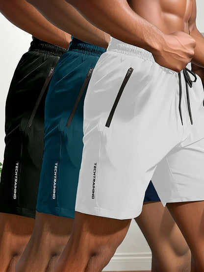Men's Shorts Three-Piece Set, Sports, Fitness, Swimming, Zipper Pockets, Quick-Drying, Casual, Breathable, Drawstring Shorts, Suitable for Summer Outdoor Sports, Fitness Training, Home Leisure, Beach Vacation