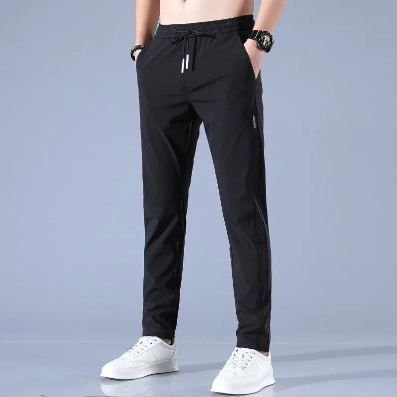 Ice Silk Men's Pants Black Gray Thin Business Casual Pants Outdoor Elastic Breathable Straight Leg Sweatpants