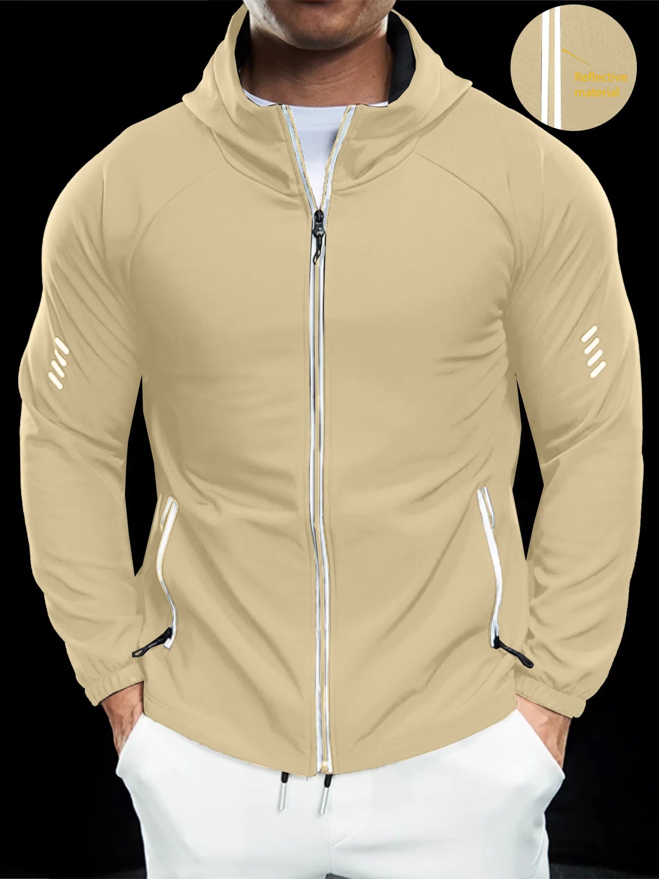 Men's hooded jacket, waterproof, reflective zipper, athleisure, outdoor, camping, multi-season