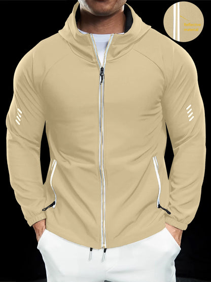 Men's hooded jacket, waterproof, reflective zipper, athleisure, outdoor, camping, multi-season