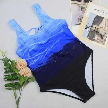 Push Up Swimwear Criss Cross Back One-piece Beach Bathing Suit Gradient Print One Piece Women Swimsuit
