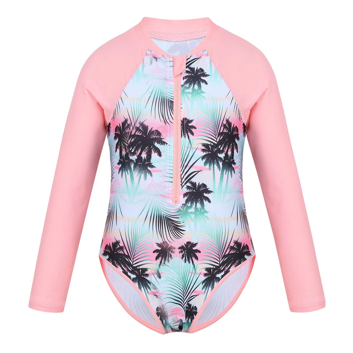 Kids Girls One-piece Swim Suits Brazilian Beachwear Long Sleeves Palm Printed Zippered Swimsuit Swimwear Bathing Suit Rash Guard