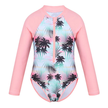 Kids Girls One-piece Swimsuit Long Sleeves Palm Printed Swimwear  Bathing Suit Sun Protection Rash Guard Surfing Diving Swim Top