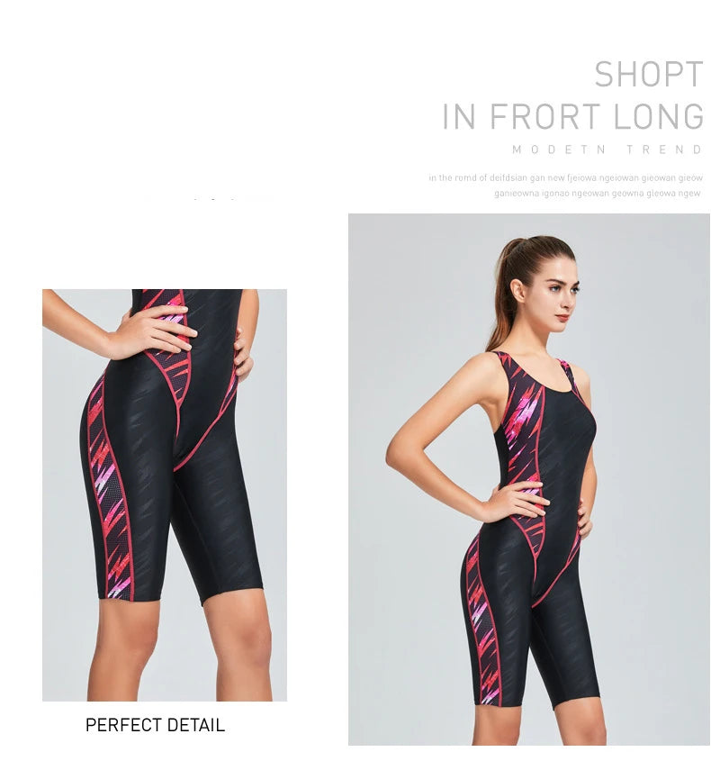 Quick Dry Swimwear Professional Knee Length Round Neck Swimsuit Women One Piece Sport Bathing Suit Rashguard Surf