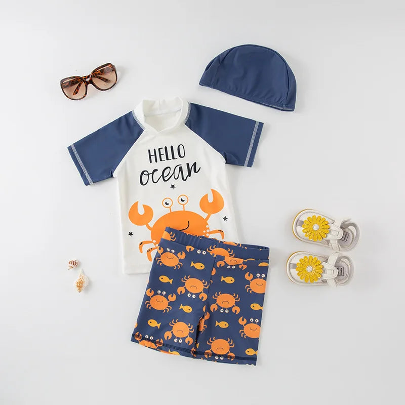 Boys' Cartoon Rash Guard Swim Set with Shorts & Hat