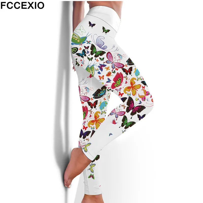 FCCEXIO High Waist Fitness Elastic Leggings Ink Painting Flowers 3D Print Leggins Casual Workout Sport Pants
