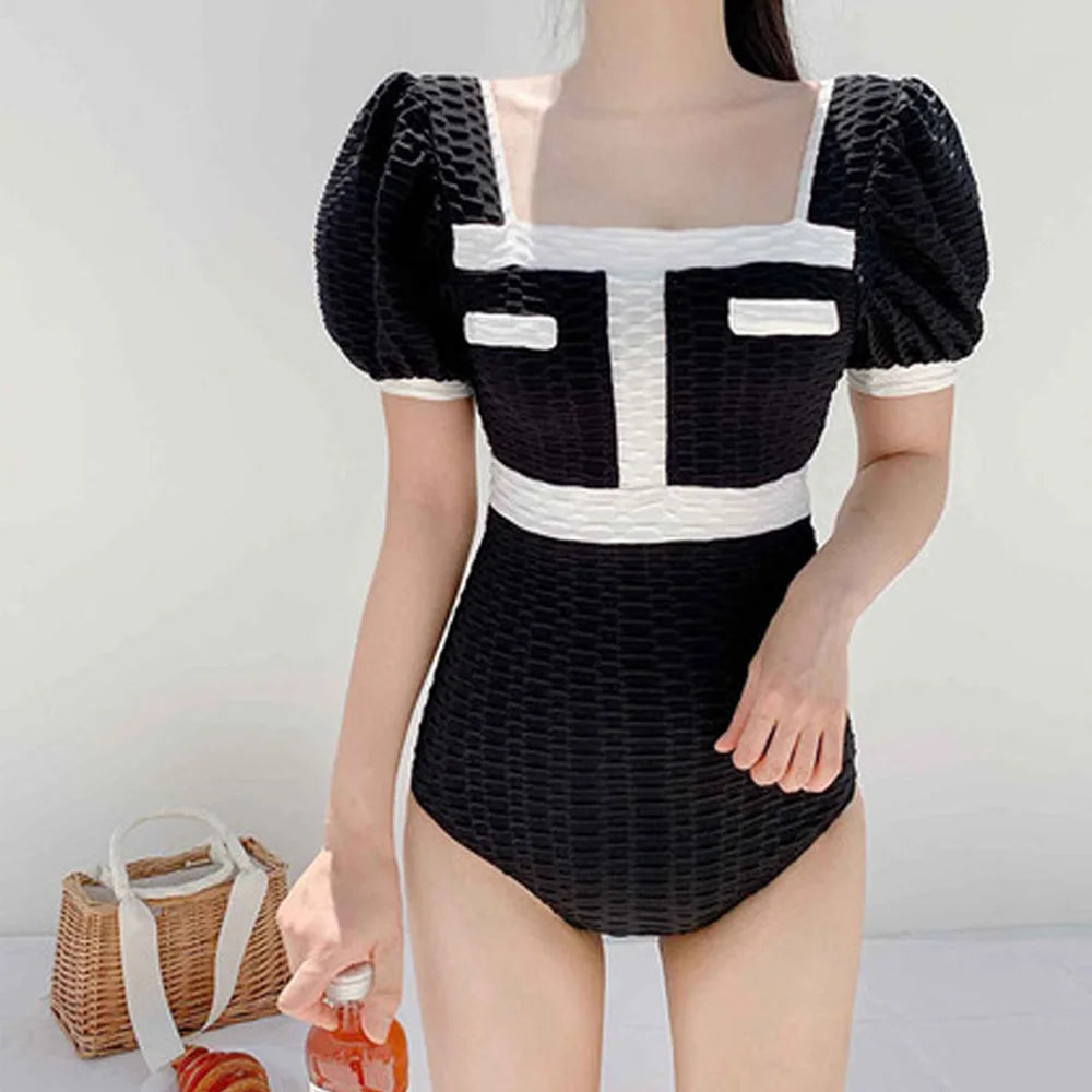 White Swimwear Women One Piece Swimsuit Female Korean Short Sleeve Bathing Suit High Waist Hollow Monokini