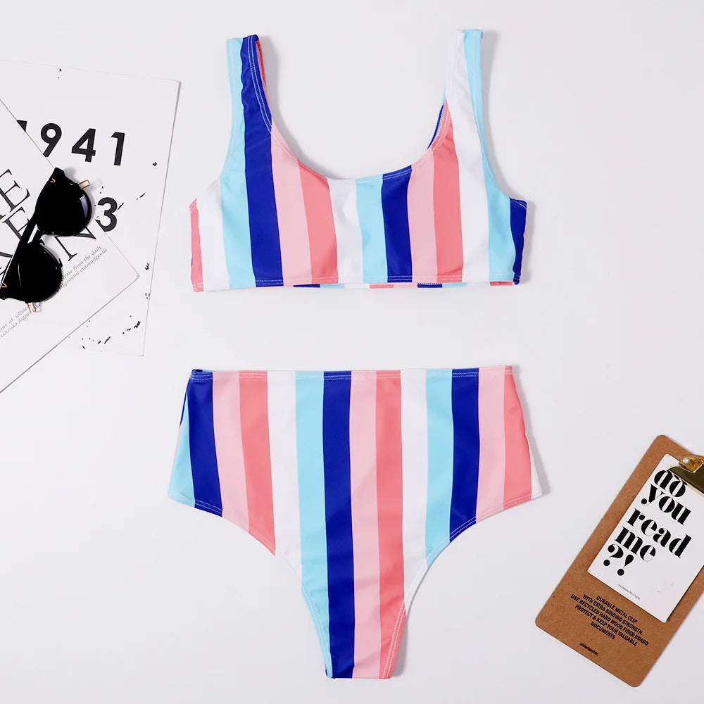 Striped Swimwear Women Push Up High Waist Bikini Halter Bikini Set Hollow Out Print Bathing Suit Two Piece Swimsuit