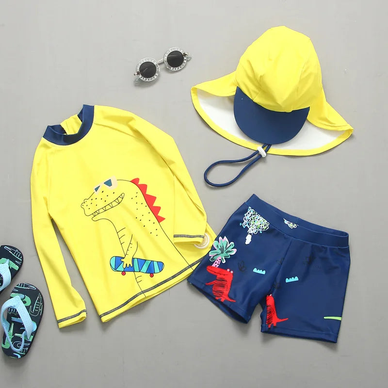 Boys' Dinosaur-Print Long-Sleeve Rash Guard Set with Shorts & Hat