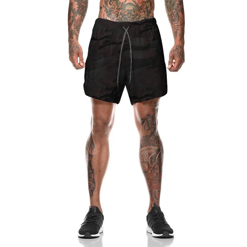 European Men's Sports Summer Double Layer Mobile Phone Pants Gym Exercise Jogging Training Shorts