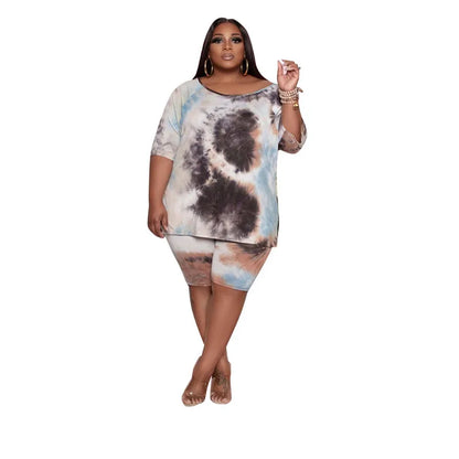 Plus Size Two Piece Set Women Wholesale Shorts Sets Tie Dye Casual Tshirt Crop Top and Short Pants Summer Tracksuit