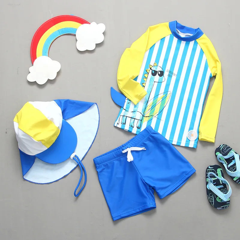 Boys' Dinosaur-Print Long-Sleeve Rash Guard Set with Shorts & Hat