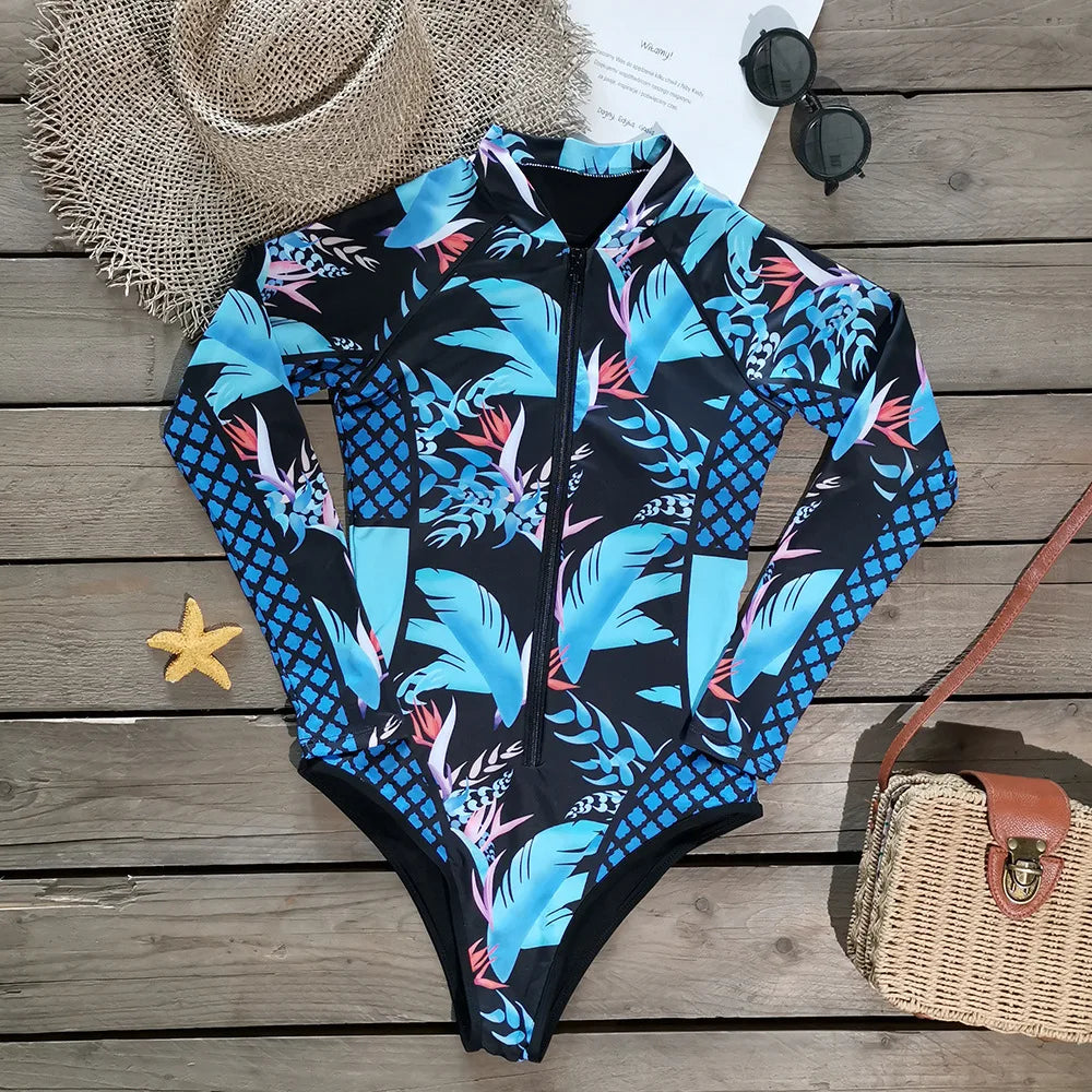 Rash Guard High Cut Printed Long Sleeve Quick Dry Waterproof UV Protection Sports Swimsuit Zip Surf Swimwear for Women Bathers