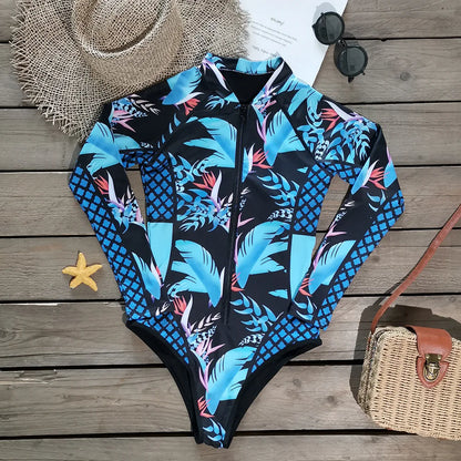 Rash Guard High Cut Printed Long Sleeve Quick Dry Waterproof UV Protection Sports Swimsuit Zip Surf Swimwear for Women Bathers