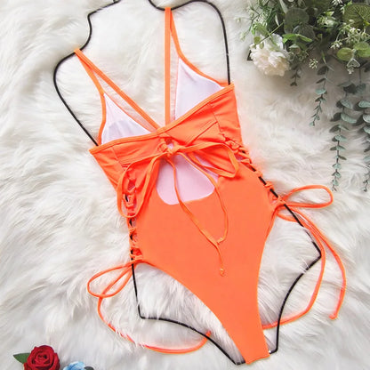 Splicing High Cut Out One Piece Swimsuit Women Tassel Swimwear Female Bathing Suit String Leopard Bikini Monokini Lady