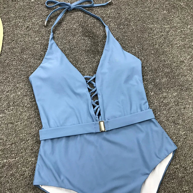 Lace Up Halter Female Swimwear One Piece Swimsuit Women Backless Monokini with Waist Belt Bathing Suit Swim Bodysuit
