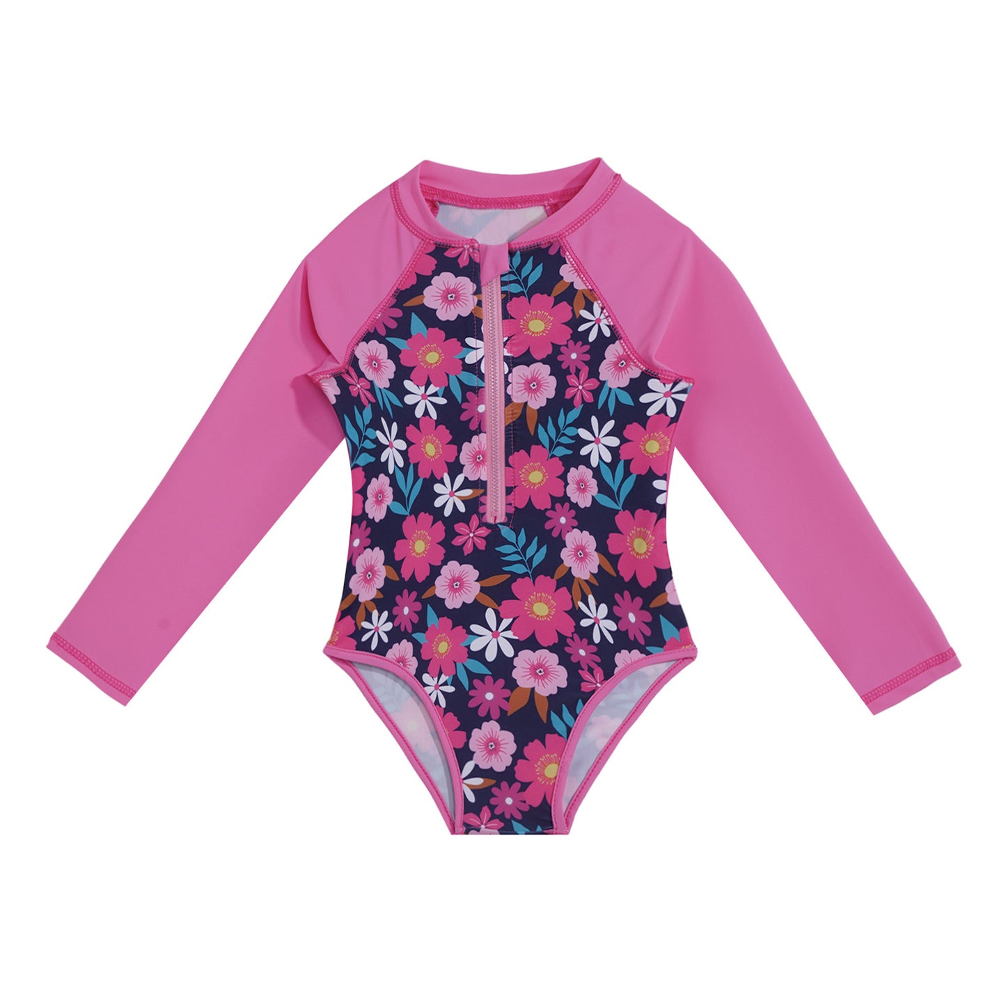 Summer Swimming One-piece Kids Girls Swimsuit Rash Guard Long Sleeves Palm Printed Zippered Bathing Suit Swimwear Beach Wear