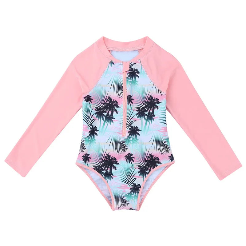 Summer Swimming One-piece Kids Girls Swimsuit Rash Guard Long Sleeves Palm Printed Zippered Bathing Suit Swimwear Beach Wear