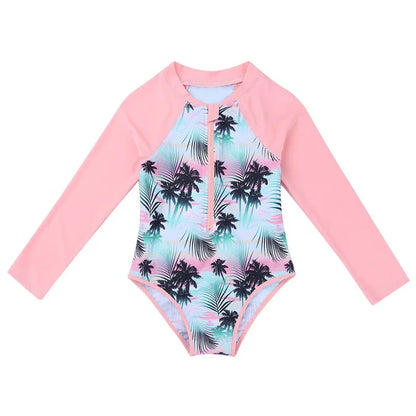 Summer Swimming One-piece Kids Girls Swimsuit Rash Guard Long Sleeves Palm Printed Zippered Bathing Suit Swimwear Beach Wear