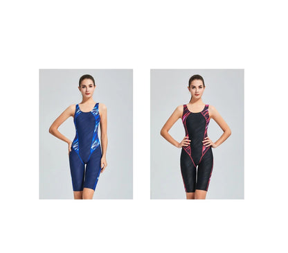 Quick Dry Swimwear Professional Knee Length Round Neck Swimsuit Women One Piece Sport Bathing Suit Rashguard Surf