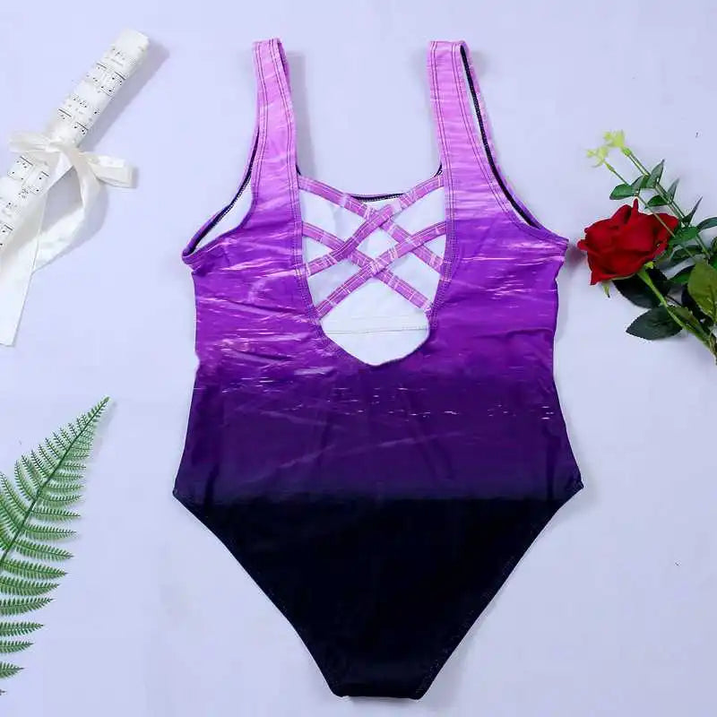 Push Up Swimwear Criss Cross Back One-piece Beach Bathing Suit Gradient Print One Piece Women Swimsuit