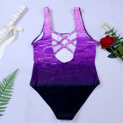 Push Up Swimwear Criss Cross Back One-piece Beach Bathing Suit Gradient Print One Piece Women Swimsuit