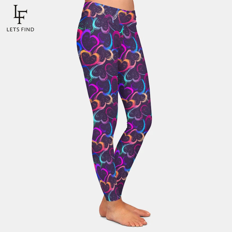 Women's Slim Leggings Colorful Hearts Print High Waist Comfortable Fitness Leggings