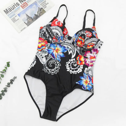 One Piece Swimsuit Closed Large Size Print Swimwear Women Flower Push Up Swimsuits Body Female Beach Bathing Suit XXL