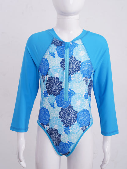 Summer Swimming One-piece Kids Girls Swimsuit Rash Guard Long Sleeves Palm Printed Zippered Bathing Suit Swimwear Beach Wear