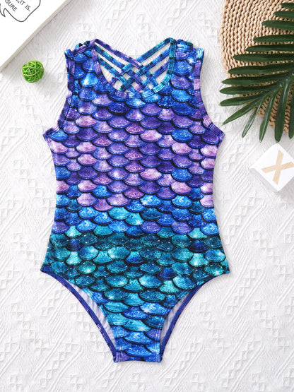 Kids Girls Print One-piece Swimsuit Fish Scales Mermaid Bodysuit Swimwear Pool Party Water Park Bathing Suit for Beach Vacation