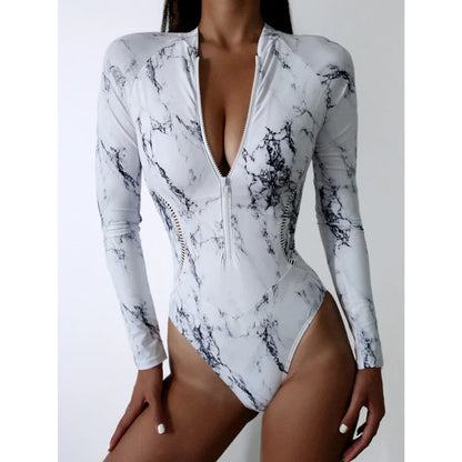 White Solid Color One-Piece Swimsuit Long Sleeve Swimwear Sports Women's Swimming Bathing Suit Beach Bather Surfing Swim Wear
