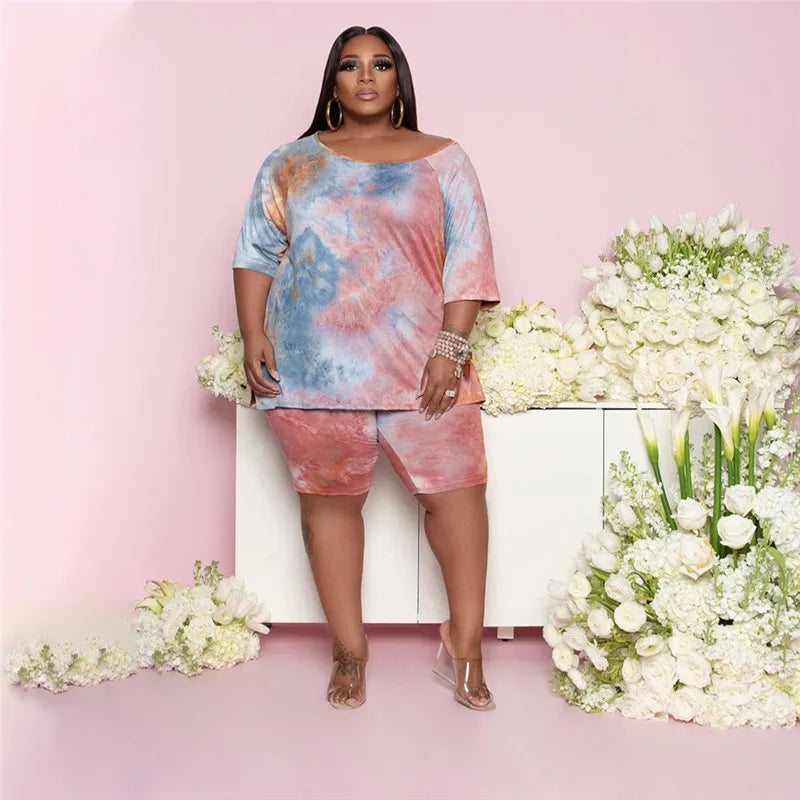 Plus Size Two Piece Set Women Wholesale Shorts Sets Tie Dye Casual Tshirt Crop Top and Short Pants Summer Tracksuit