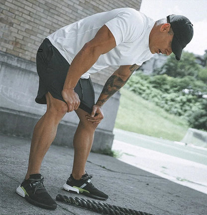European Men's Sports Summer Double Layer Mobile Phone Pants Gym Exercise Jogging Training Shorts