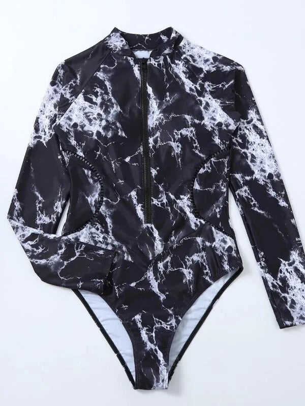 Summer Print Zipper One Piece Swimsuit Closed Long Sleeve Swimwear Sports Surfing Women's Swimming Bathing Suit Beach Bather