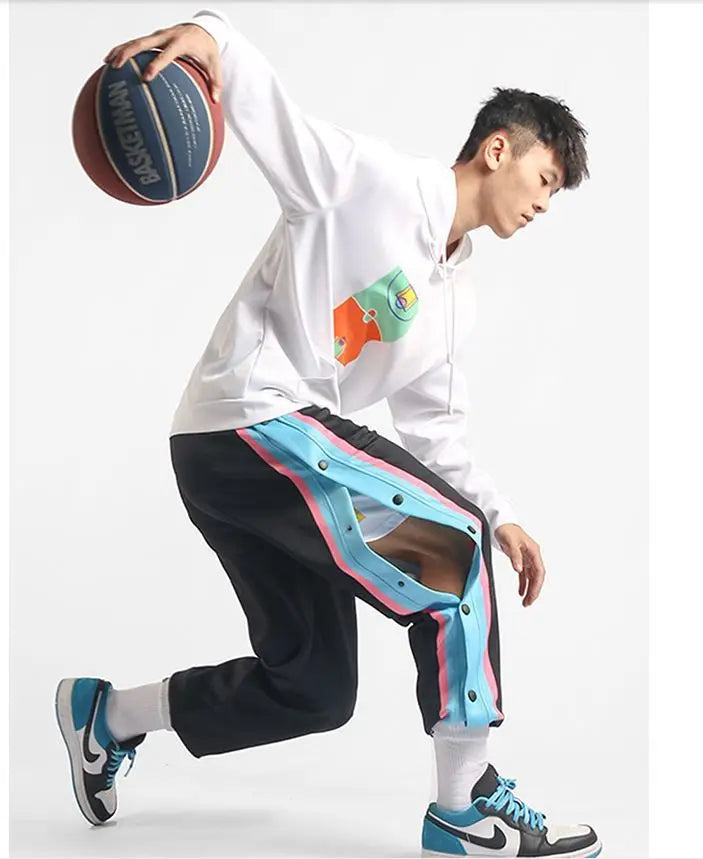 Harajuku Fashion Sports Men Pants Daily Outdoor Basketball Sweatpants Hollow Out Side Stripe Button Fly Design Creative Trousers