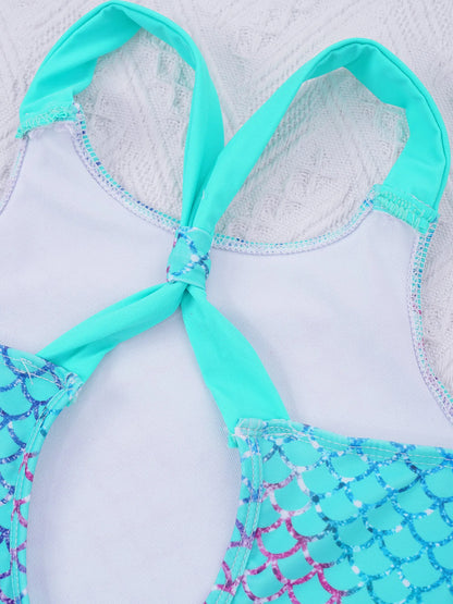 Little Girls Mermaid Fish Scales Swimsuit Sleeveless Cartoon Print One-piece Swimwear Summer Beachwear Bathing Suit