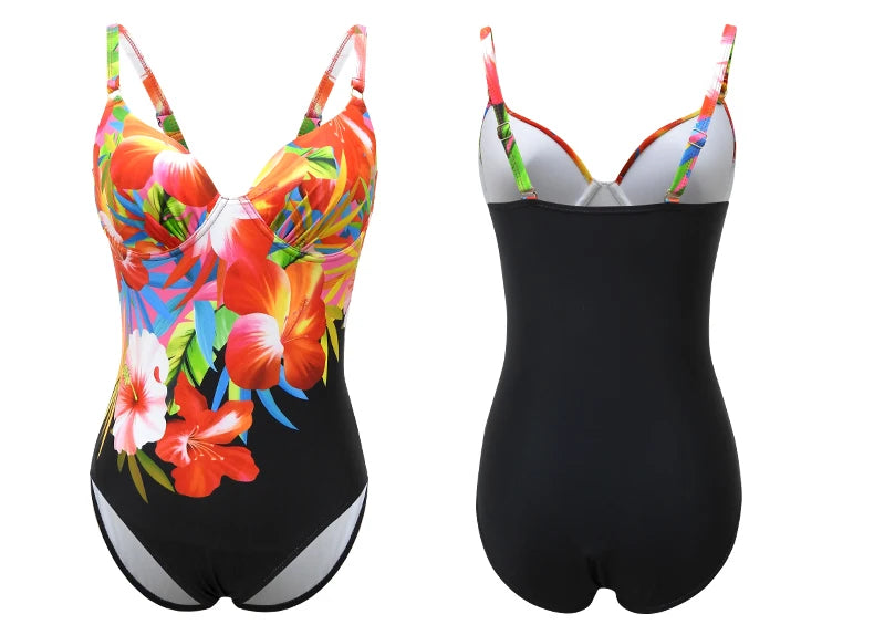 One Piece Swimsuit Closed Large Size Print Swimwear Women Flower Push Up Swimsuits Body Female Beach Bathing Suit XXL