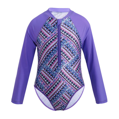 Summer Swimming One-piece Kids Girls Swimsuit Rash Guard Long Sleeves Palm Printed Zippered Bathing Suit Swimwear Beach Wear