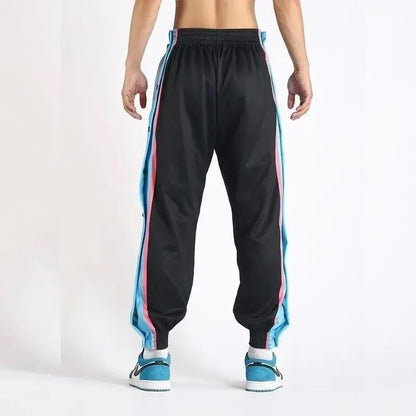 Harajuku Fashion Sports Men Pants Daily Outdoor Basketball Sweatpants Hollow Out Side Stripe Button Fly Design Creative Trousers