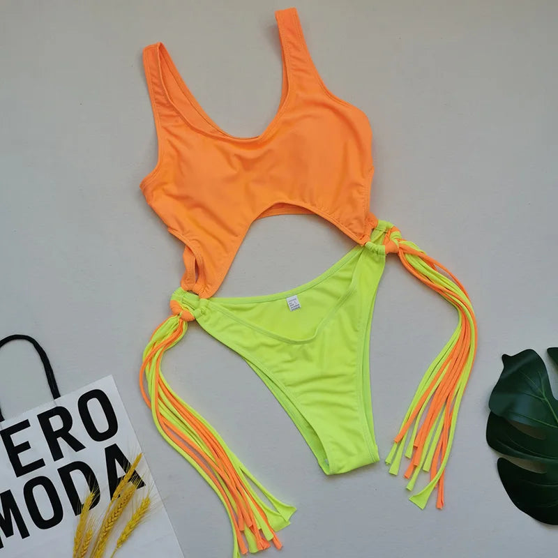 Splicing High Cut Out One Piece Swimsuit Women Tassel Swimwear Female Bathing Suit String Leopard Bikini Monokini Lady