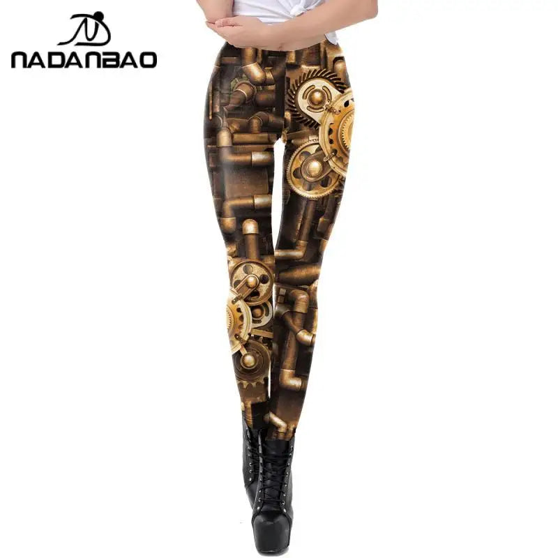 NADANBAO Gold Metal Gear Punk Leggings Women Fashion Steampunk Machinery