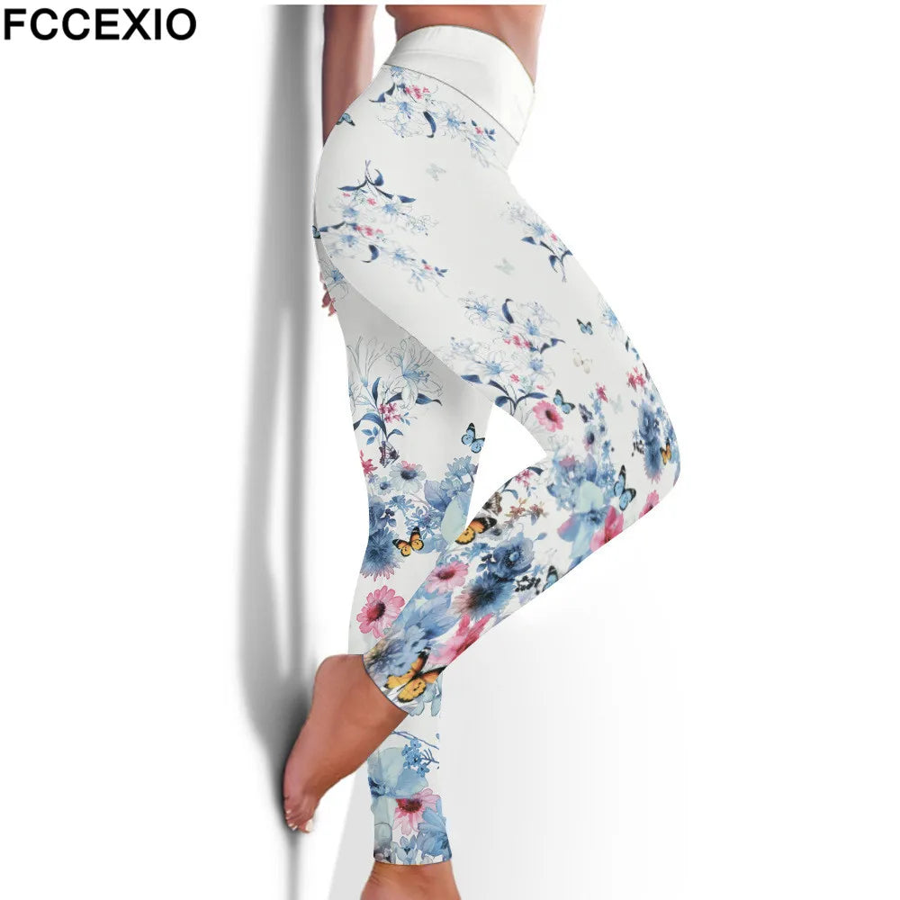 FCCEXIO High Waist Fitness Elastic Leggings Ink Painting Flowers 3D Print Leggins Casual Workout Sport Pants