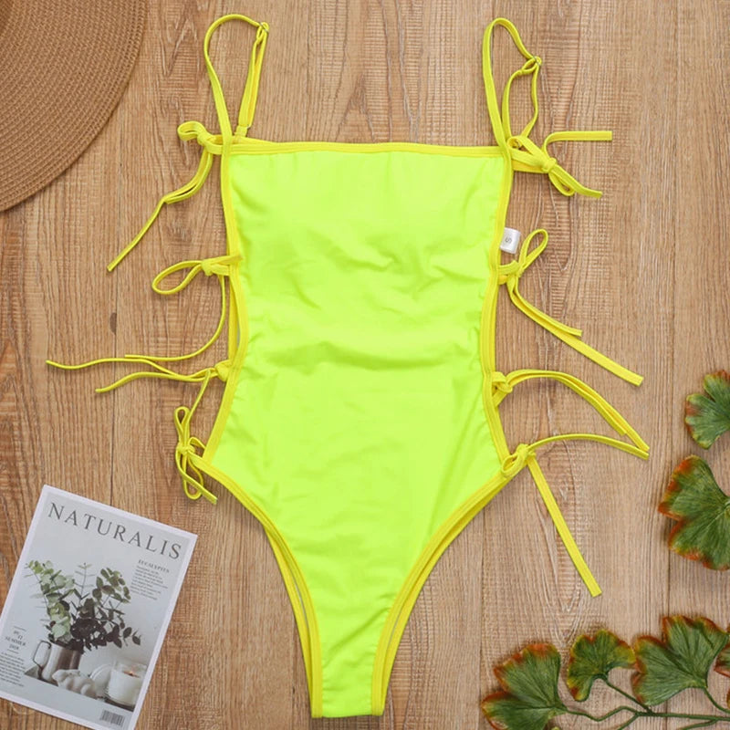 Tie Side High Cut Female Bandeau Swimwear One Piece Swimsuit Women Monokini Bather Bathing Suit Swim Beachwear Bodysuit