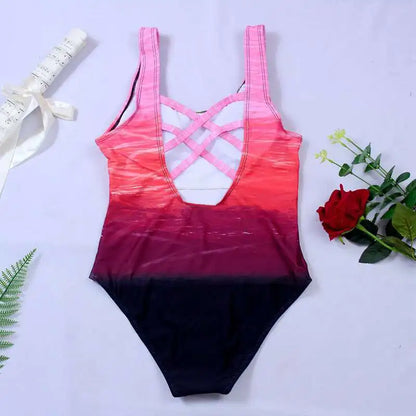 Push Up Swimwear Criss Cross Back One-piece Beach Bathing Suit Gradient Print One Piece Women Swimsuit