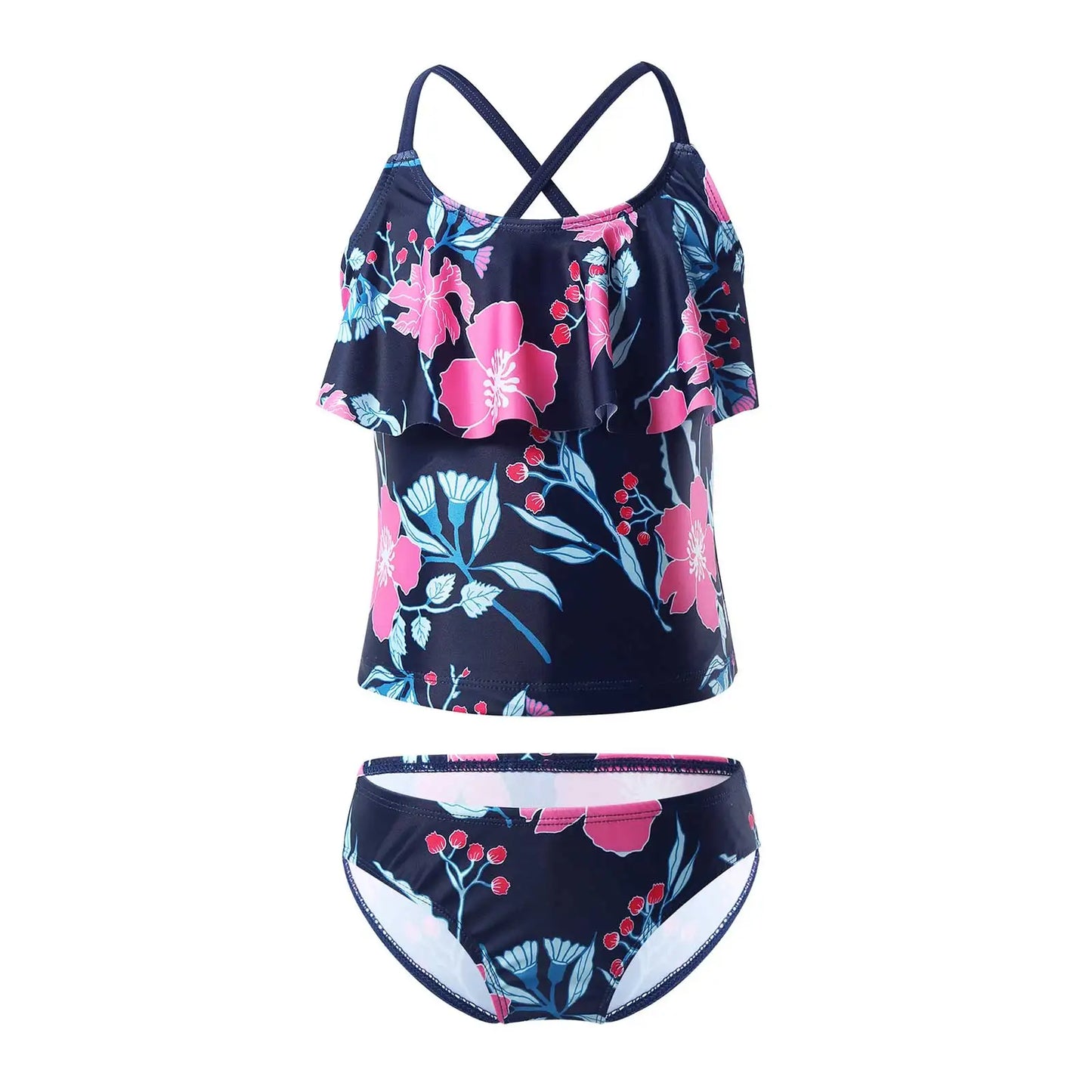 Kids Girls Swimwear Ruffle Neck Floral Pattern Tankini Swimsuit Swimwear Bathing Suit Set Tops with Bottoms Beach Bathing Suit