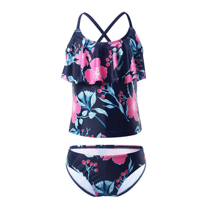 Kids Girls Swimwear Ruffle Neck Floral Pattern Tankini Swimsuit Swimwear Bathing Suit Set Tops with Bottoms Beach Bathing Suit